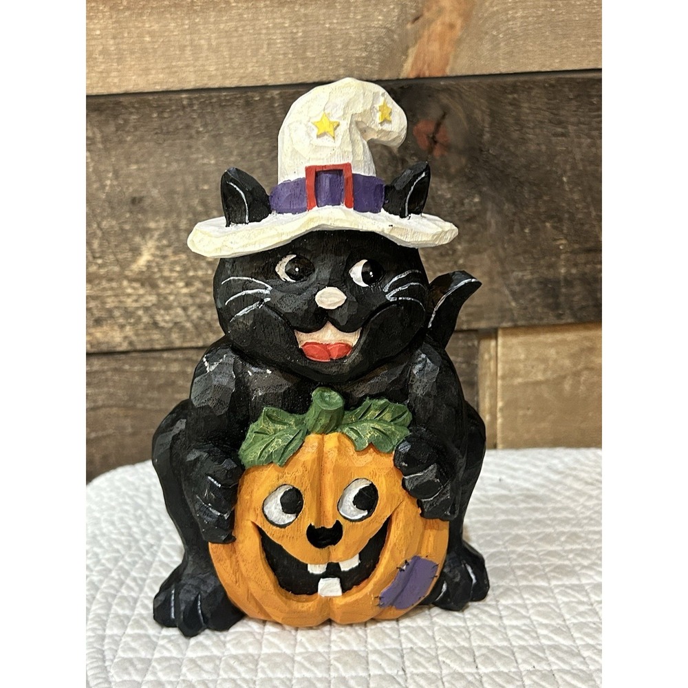 Vintage Black Cat With Witches Hat & Jack-O-Lantern Halloween Figurine Statue